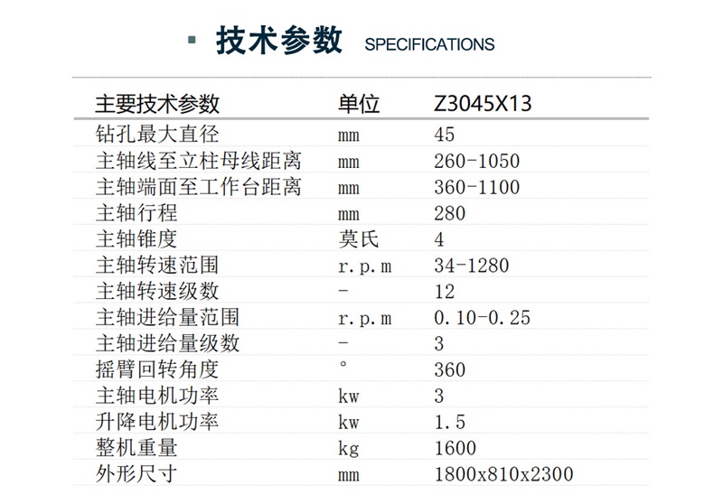 Z3045x13摇臂钻床技术参数